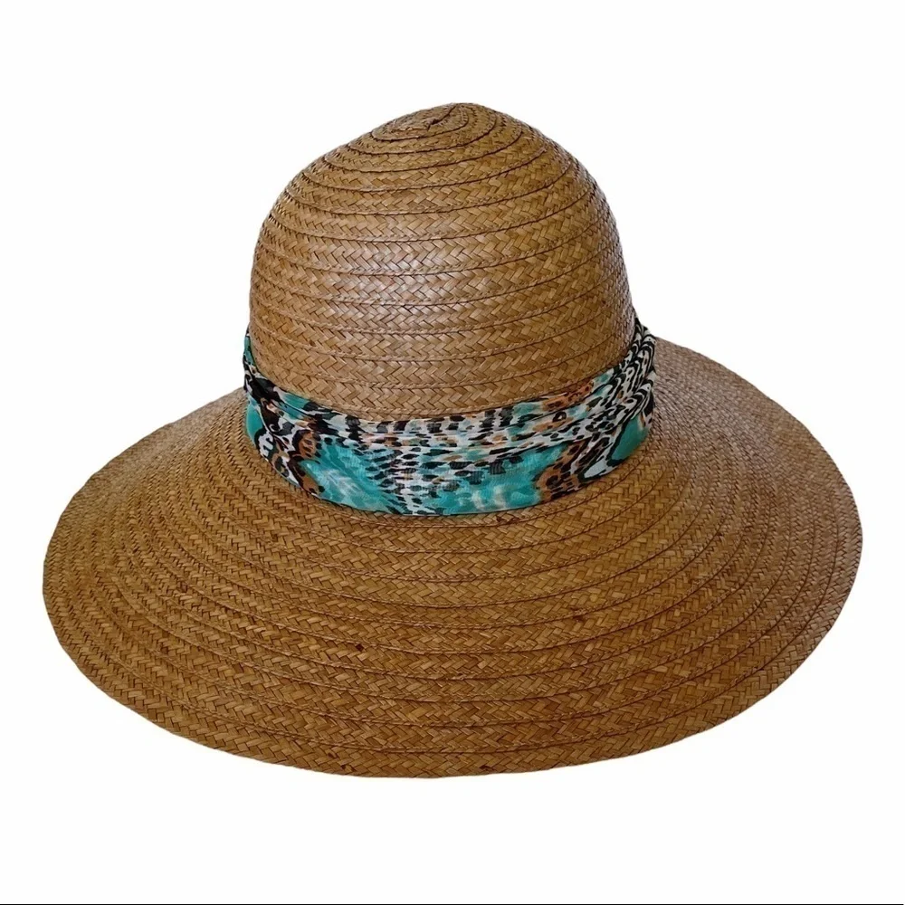 Kathy Jean woven hat with wide brim and multicolor fabric band with bow detail